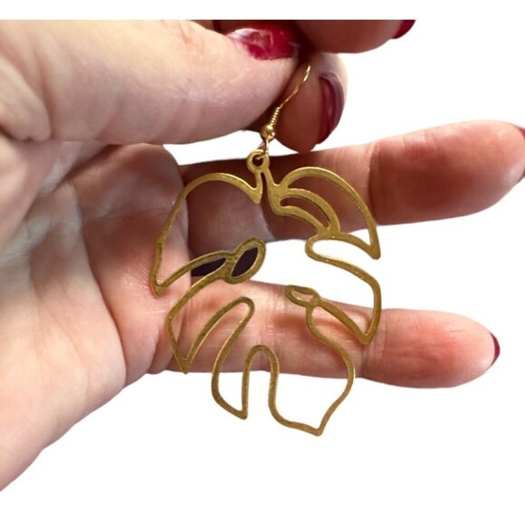 Tortoise Leaf Cutout Earrings Gold Plated French Hooks - Picture 4 of 10